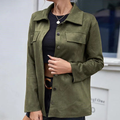 Women’s Suede Jacket – Relaxed Fit – Button Front – Shirt Collar – Chest Flap Pockets