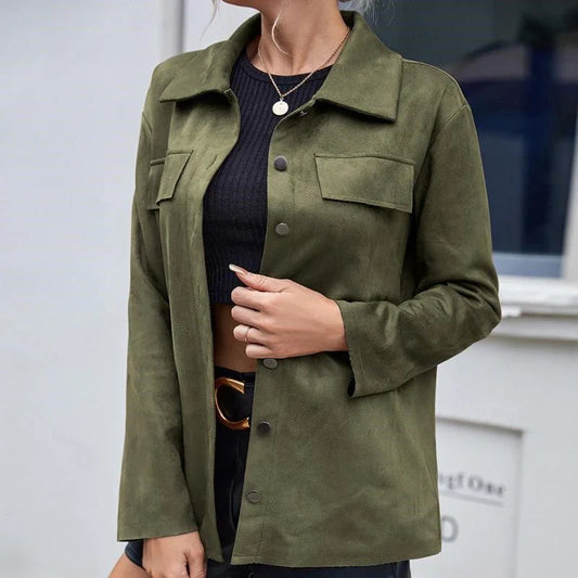 Women’s Suede Jacket – Relaxed Fit – Button Front – Shirt Collar – Chest Flap Pockets