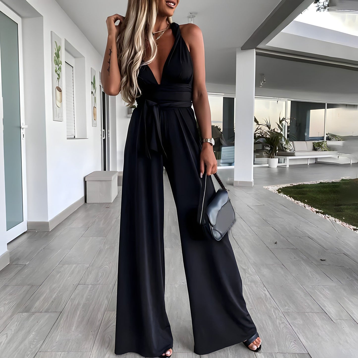Women’s Jumpsuit – Sleeveless – Deep V-Neck – Wide Leg – Adjustable Waist – Breathable Blend