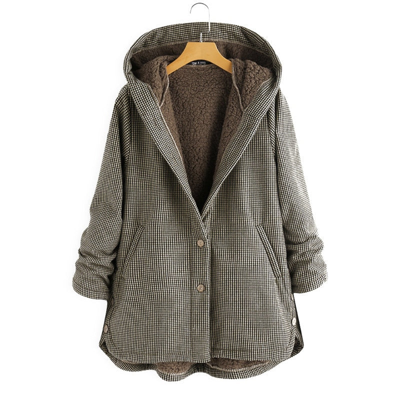 Women's checked coat with buttons and hood