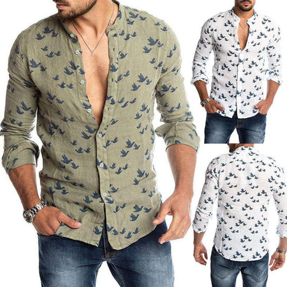 Men’s Long-Sleeve Shirt - Bird Print - Mandarin Collar - Breathable Casual Fit