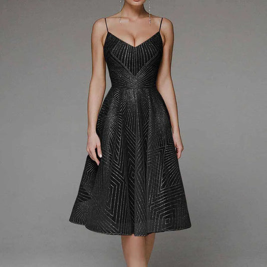 Women's Cocktail Dress - Fit and Flare - Knee-Length - V-Neck Spaghetti Straps - Elegant Pattern