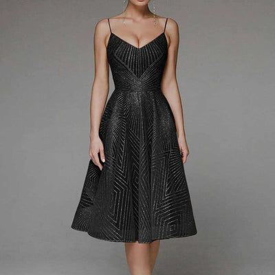 Women's Cocktail Dress - Fit and Flare - Knee-Length - V-Neck Spaghetti Straps - Elegant Pattern