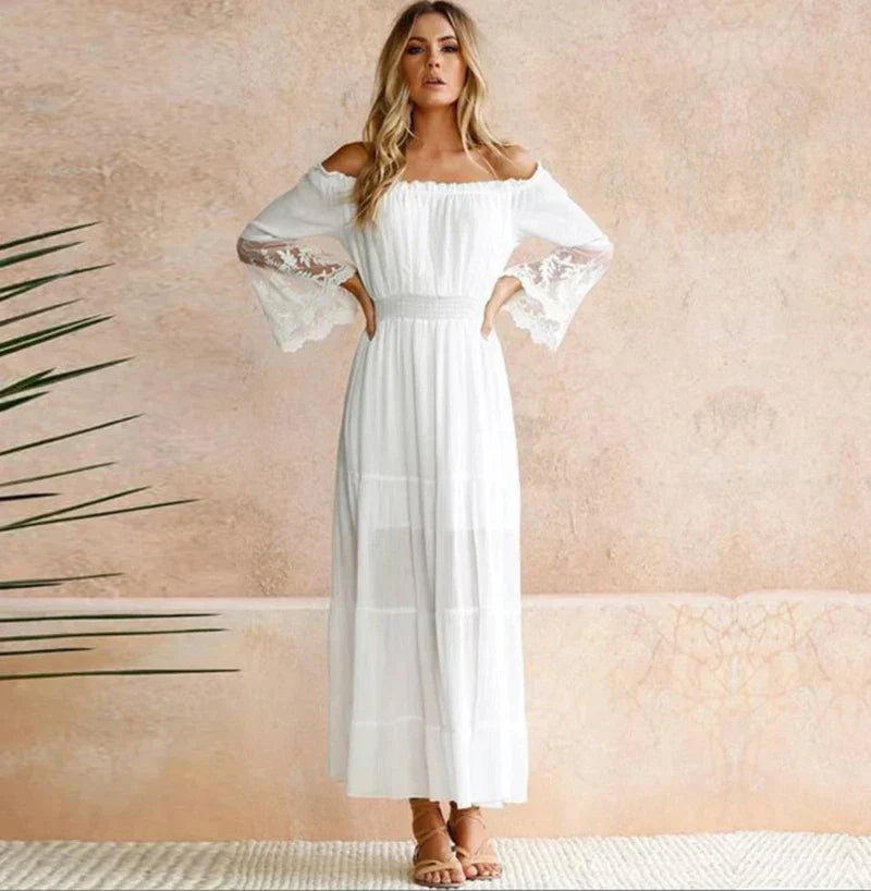 Women's Off-Shoulder Maxi Dress - Lace Detail - Flowy Fit - Long Sheer Sleeves