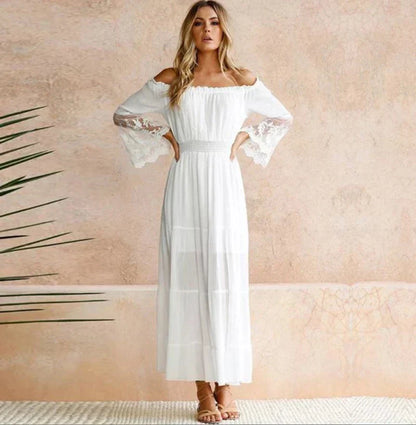Women's Off-Shoulder Maxi Dress - Lace Detail - Flowy Fit - Long Sheer Sleeves