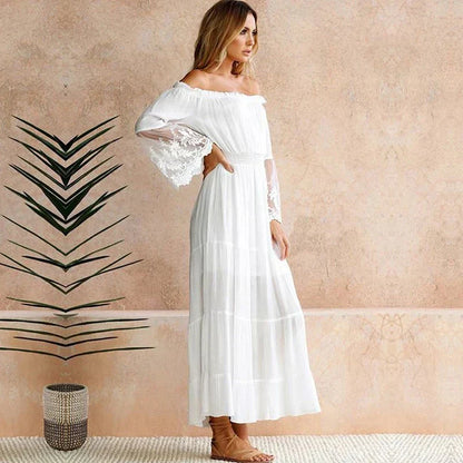 Women's Off-Shoulder Maxi Dress - Lace Detail - Flowy Fit - Long Sheer Sleeves