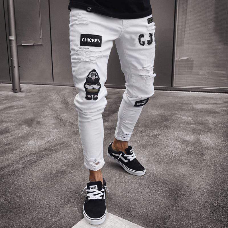 Men’s Skinny Jeans - Distressed Ripped Denim - Embroidered Patches - Ankle Length