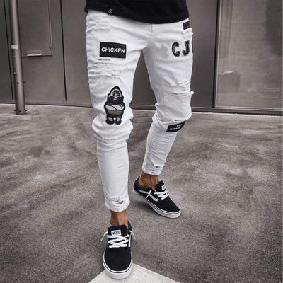 Men’s Skinny Jeans - Distressed Ripped Denim - Embroidered Patches - Ankle Length