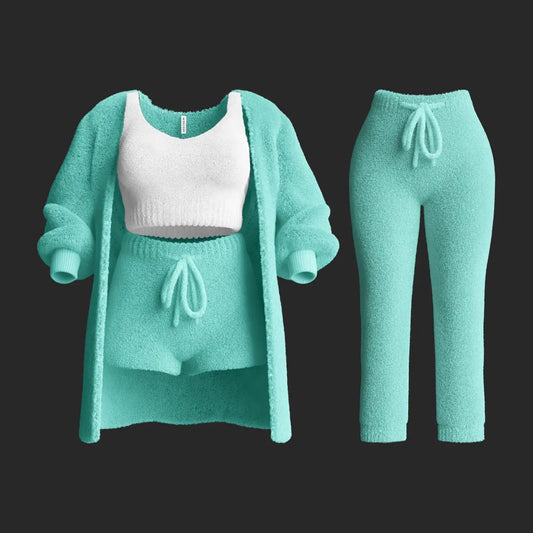 Womens plush knitted sweater with long sleeves and a cropped design, paired with shorts and pants in a four-piece set