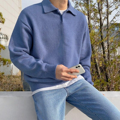 Men’s Polo Sweater – Relaxed Fit – Buttoned Collar – Ribbed Hem and Cuffs