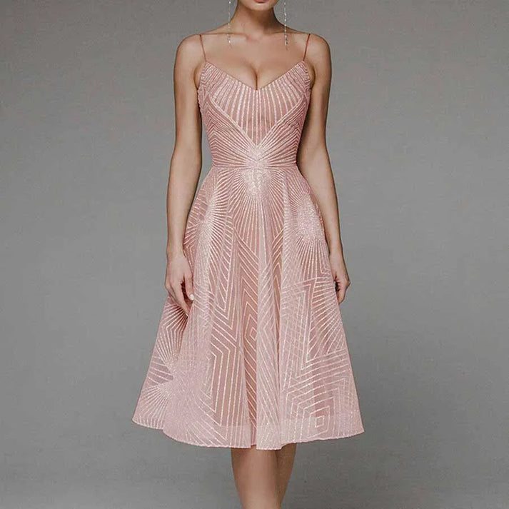Women’s Midi Dress – A-Line Fit – Spaghetti Straps – V-Neck Geometric Design