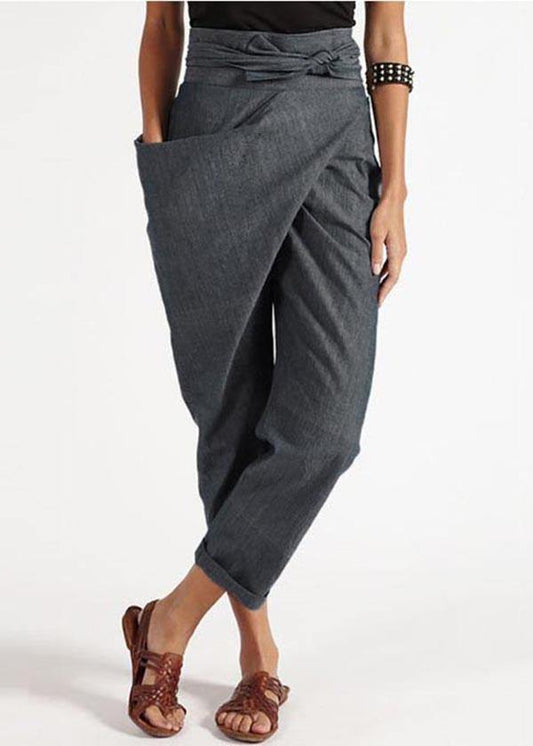 Women’s Trousers – Asymmetrical Wrap Design – High Waist – Relaxed Fit – Natural Fibers