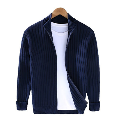 Men's knitted cardigan with zip and stand collar
