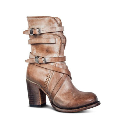 Women's Ankle Boots - Leather - Distressed Finish - Side Zip - Buckle Straps - Chunky Heel