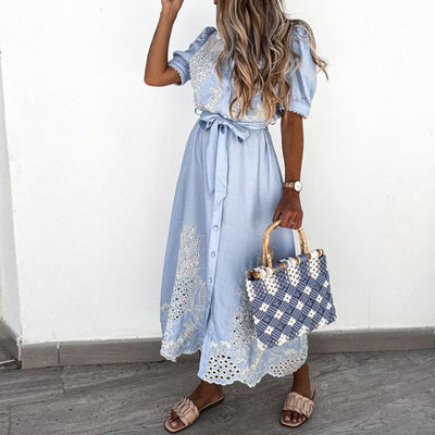 Embroidered Blue Dress with Elegant Detailing for Versatile Style