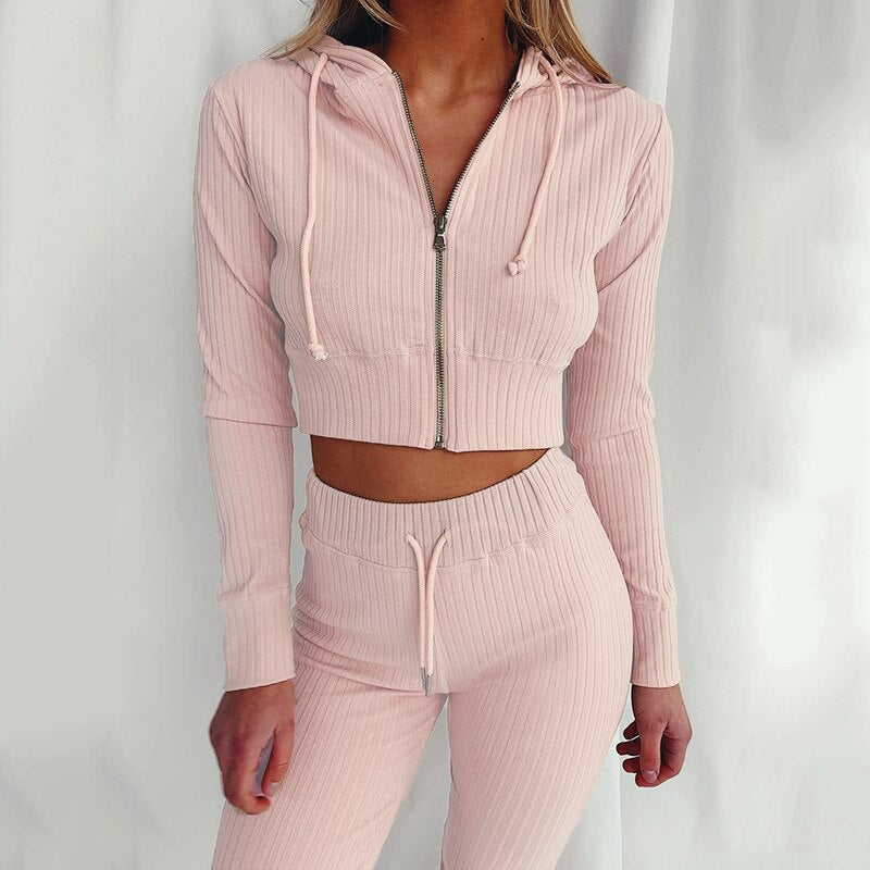 Women's Ribbed Knit Two-Piece Set – Cropped Zip Hoodie & High-Waisted Leggings