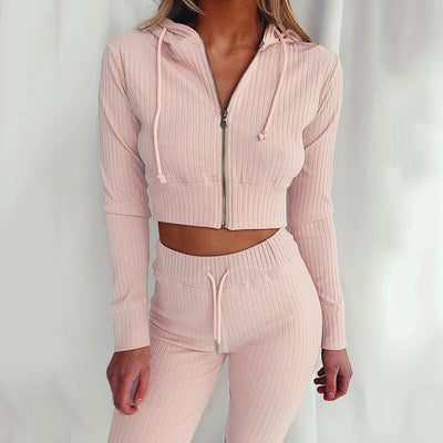 Women's Ribbed Knit Two-Piece Set – Cropped Zip Hoodie & High-Waisted Leggings