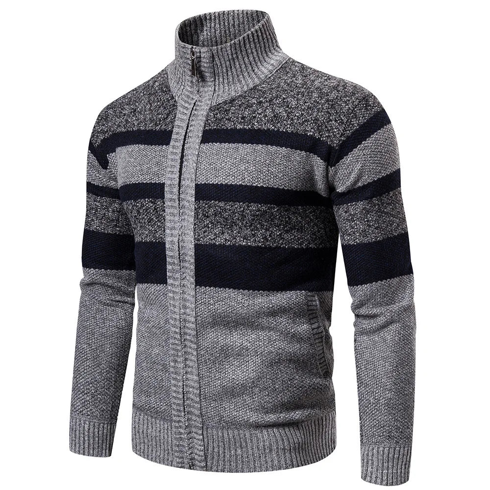 Men’s Knitted Sweater – High Collar – Zip Up – Textured Striped Pattern – Warm & Casual