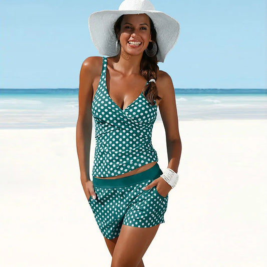 Women’s Tankini Set – Plunge Neck – Polka Dot – Supportive Straps – Slim Fit Shorts