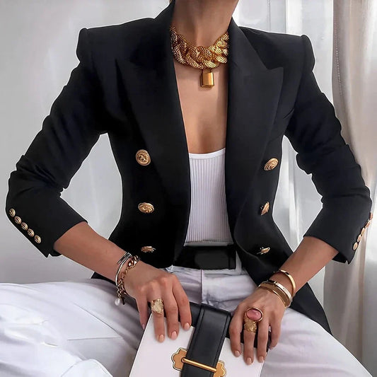 Women’s Blazer – Tailored Fit – Double-Breasted – Gold Buttons – Wool Blend Structured