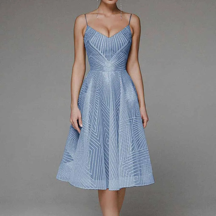 Women's Cocktail Dress - Fit and Flare - Knee-Length - V-Neck Spaghetti Straps - Elegant Pattern