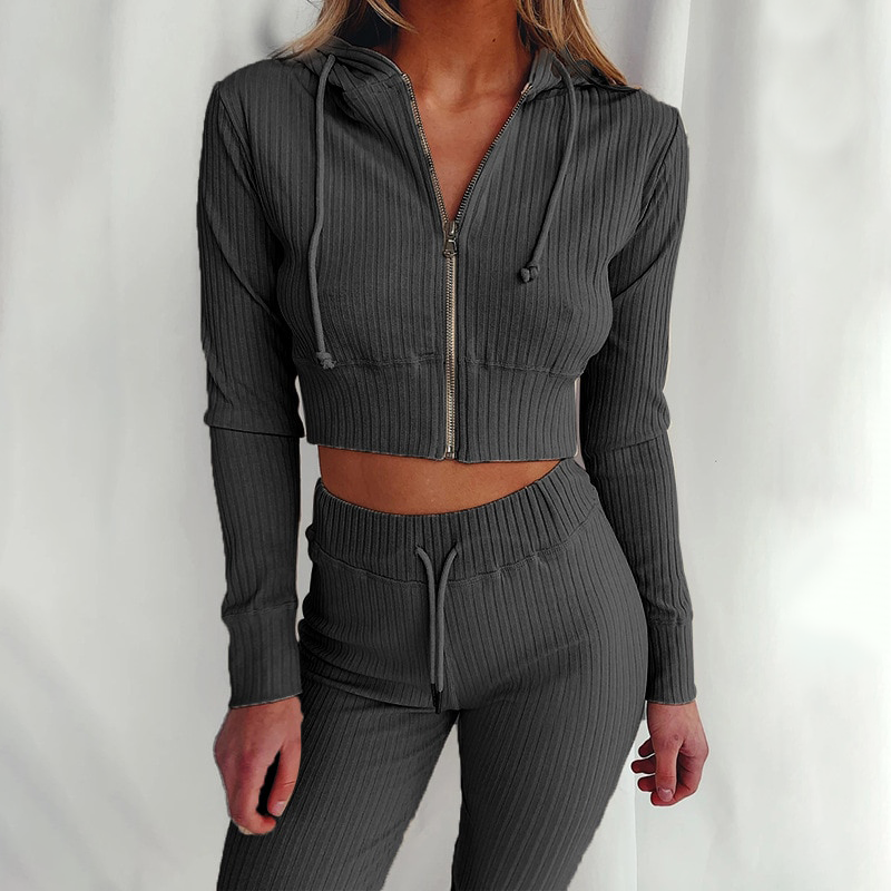 Women's Ribbed Knit Two-Piece Set – Cropped Zip Hoodie & High-Waisted Leggings