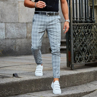 Men's Slim-Fit Trousers - Plaid Pattern - Tapered Leg - Smart Casual Wear