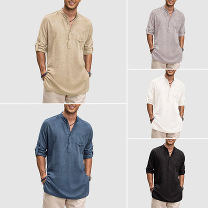 Men’s Henley Shirt - Long Sleeve Roll-Up - Relaxed Fit - Chest Pocket Casual Wear
