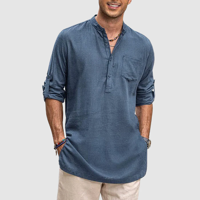 Men’s Henley Shirt - Long Sleeve Roll-Up - Relaxed Fit - Chest Pocket Casual Wear