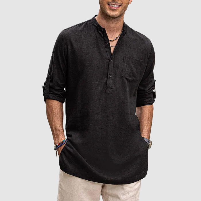 Men’s Henley Shirt - Long Sleeve Roll-Up - Relaxed Fit - Chest Pocket Casual Wear