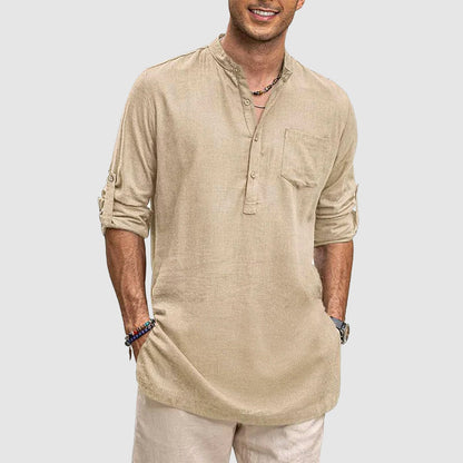 Men’s Henley Shirt - Long Sleeve Roll-Up - Relaxed Fit - Chest Pocket Casual Wear