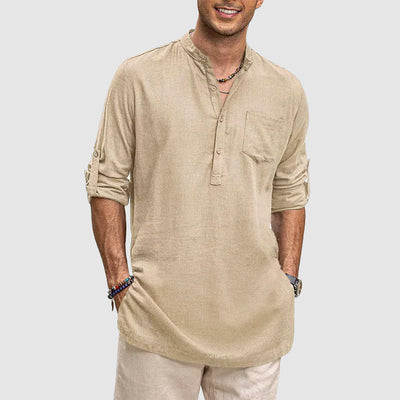 Men’s Henley Shirt - Long Sleeve Roll-Up - Relaxed Fit - Chest Pocket Casual Wear
