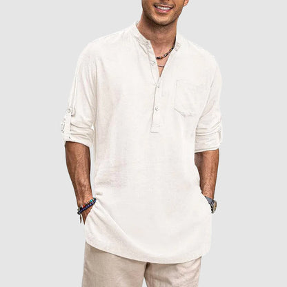 Men’s Henley Shirt - Long Sleeve Roll-Up - Relaxed Fit - Chest Pocket Casual Wear