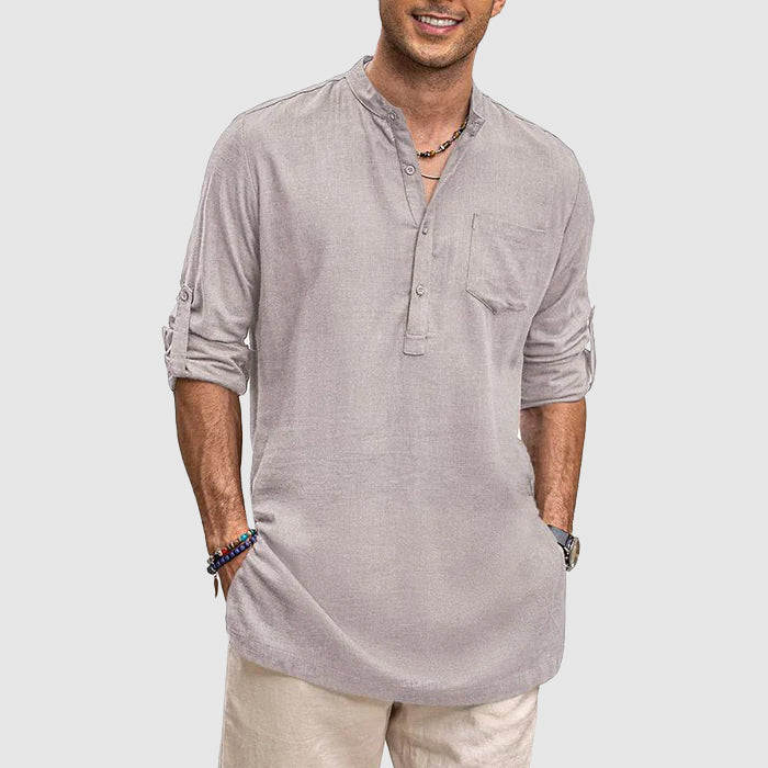 Men’s Henley Shirt - Long Sleeve Roll-Up - Relaxed Fit - Chest Pocket Casual Wear