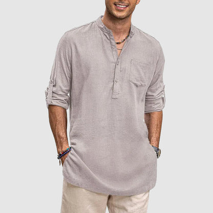 Men’s Henley Shirt - Long Sleeve Roll-Up - Relaxed Fit - Chest Pocket Casual Wear