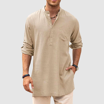 Men’s Henley Shirt - Long Sleeve Roll-Up - Relaxed Fit - Chest Pocket Casual Wear