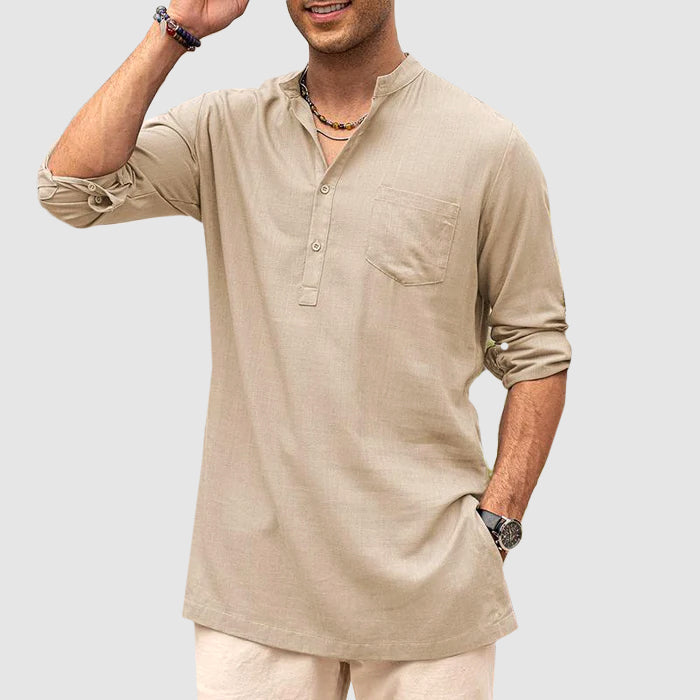 Men’s Henley Shirt - Long Sleeve Roll-Up - Relaxed Fit - Chest Pocket Casual Wear