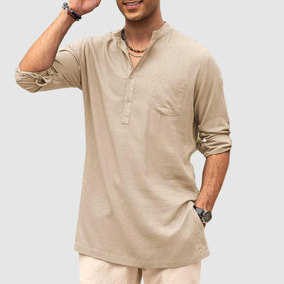 Men’s Henley Shirt - Long Sleeve Roll-Up - Relaxed Fit - Chest Pocket Casual Wear