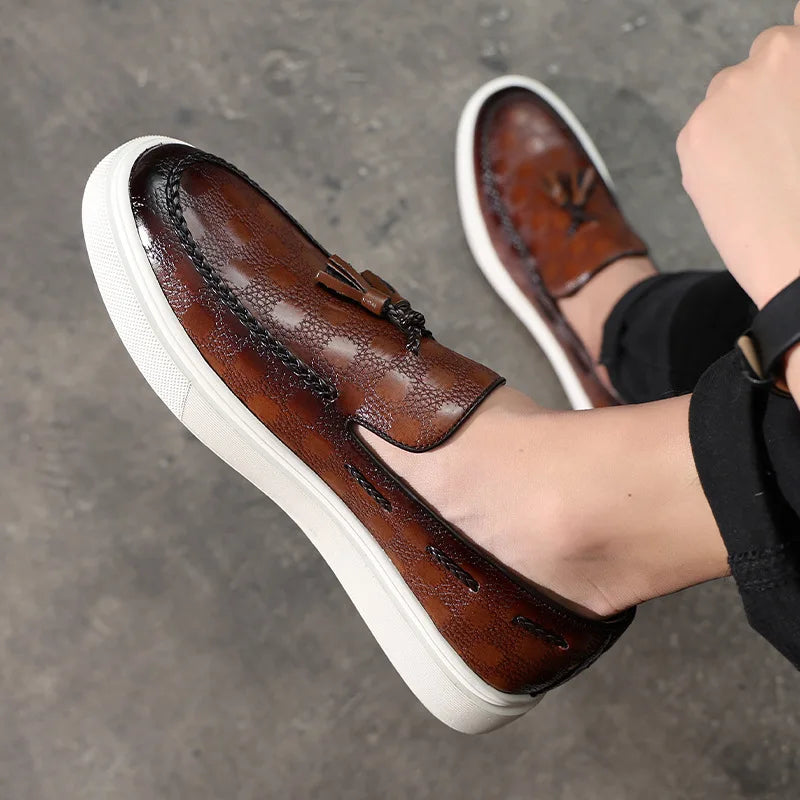 Men’s Leather Loafers – Tasseled Slip-On – Textured Design – Chunky Rubber Sole