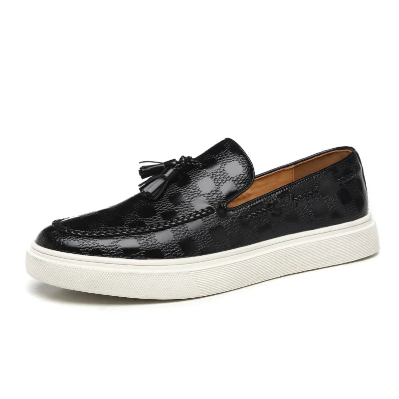 Men’s Leather Loafers – Tasseled Slip-On – Textured Design – Chunky Rubber Sole
