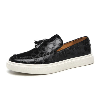 Men’s Leather Loafers – Tasseled Slip-On – Textured Design – Chunky Rubber Sole