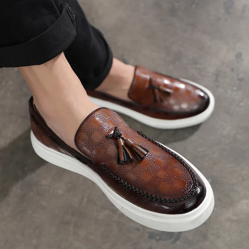 Men’s Leather Loafers – Tasseled Slip-On – Textured Design – Chunky Rubber Sole