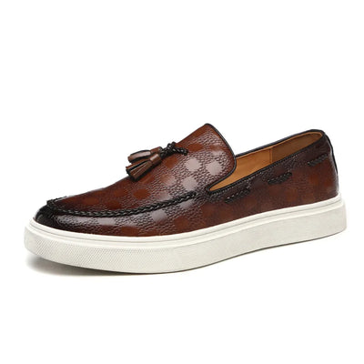 Men’s Leather Loafers – Tasseled Slip-On – Textured Design – Chunky Rubber Sole