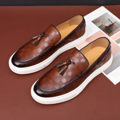 Men’s Leather Loafers – Tasseled Slip-On – Textured Design – Chunky Rubber Sole