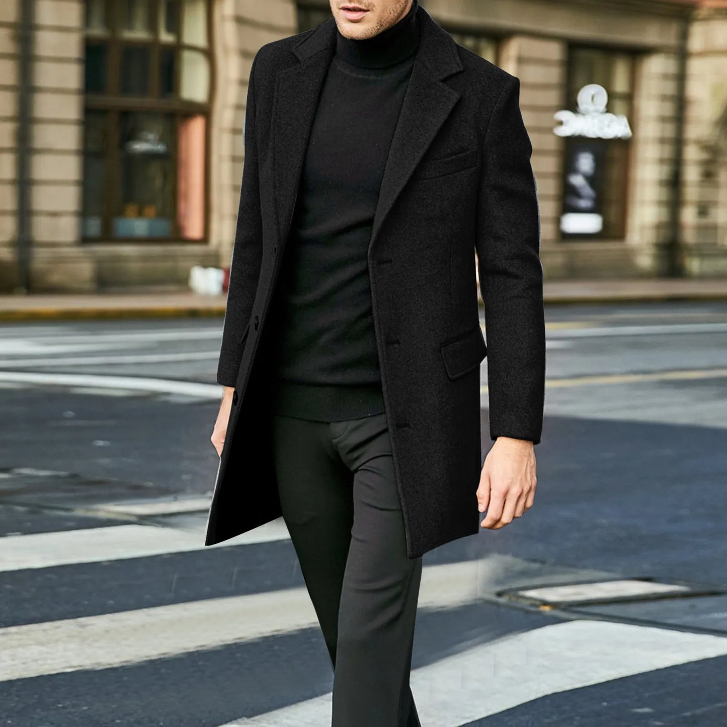 Men’s Overcoat - Wool Blend - Tailored Fit - Single-Breasted 3-Button Formal Wear