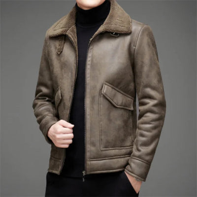Men’s Leather Jacket – Structured Fit – Fleece-Lined Collar – Zip Front – Waist Length
