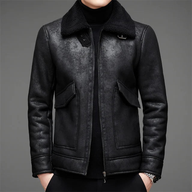 Men’s Leather Jacket – Structured Fit – Fleece-Lined Collar – Zip Front – Waist Length
