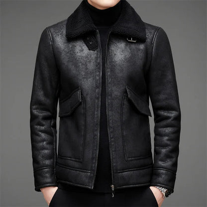 Men’s Leather Jacket – Structured Fit – Fleece-Lined Collar – Zip Front – Waist Length