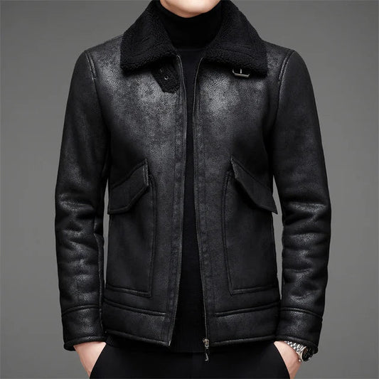 Men’s Leather Jacket – Structured Fit – Fleece-Lined Collar – Zip Front – Waist Length