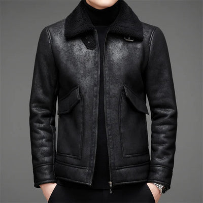 Men’s Leather Jacket – Structured Fit – Fleece-Lined Collar – Zip Front – Waist Length